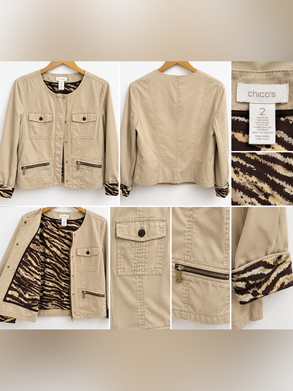 Chico’s Beige Utility Jacket Size 2 Animal Print Lining Zip Pockets